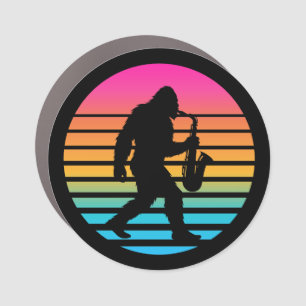 Retro car magnet featuring a Bigfoot saxophone sil