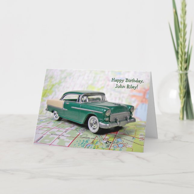 retro Car on road map for birthday Card (Front)