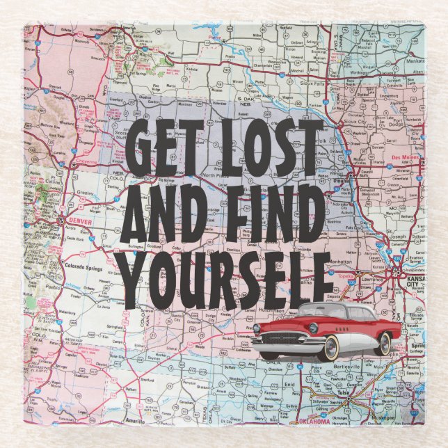 Retro Car on Road Map Glass Coaster (Front)