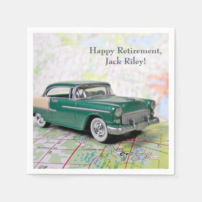 retro car on road map paper napkins (Front)