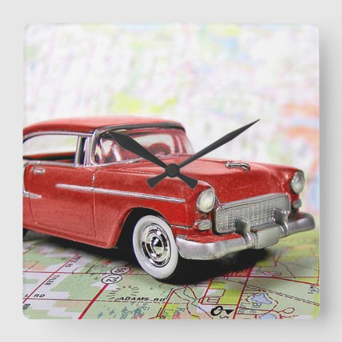 Retro Car On Road Map Square Wall Clock