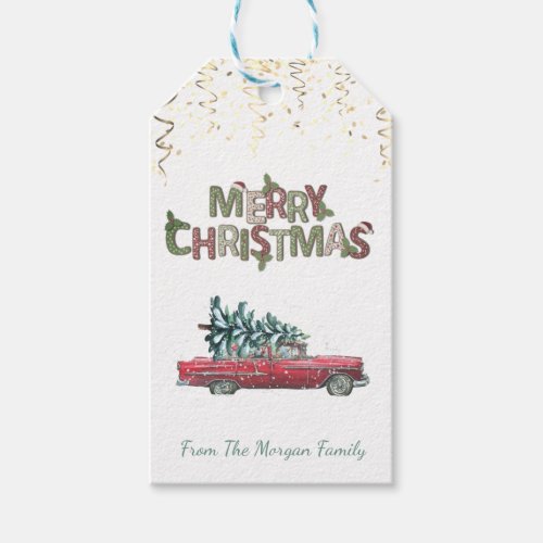 Retro Car Pine TreeConfettiMerry Christmas   Gift Tags