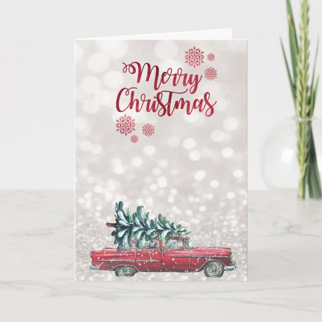 Retro Car Pine Tree,Glittery Bokeh  Holiday Card (Front)