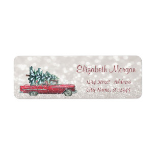Retro Car Pine Tree Glittery Bokeh Label