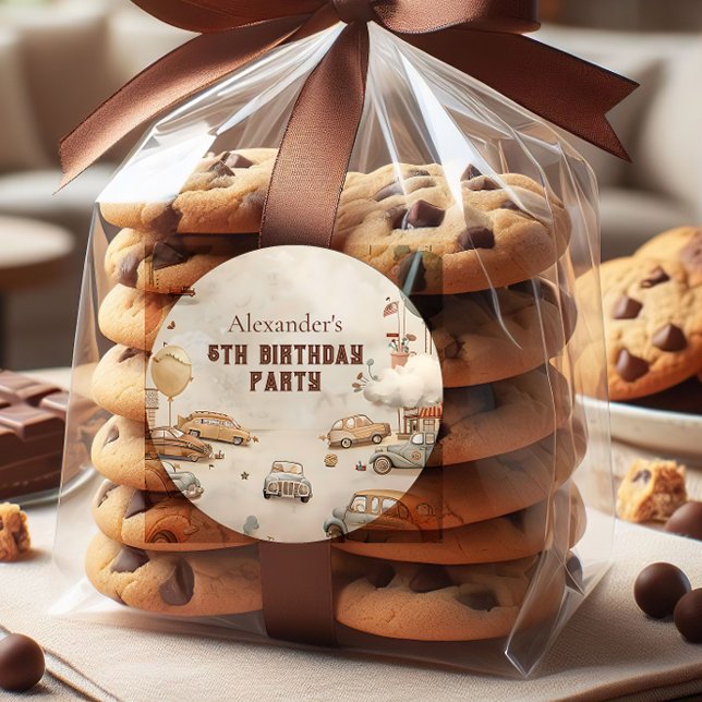 Retro Car Themed Kids Birthday Classic Round Sticker (Creator Uploaded)