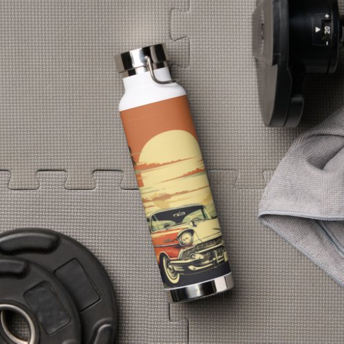 Retro Car Tropical Sunset Water Bottle