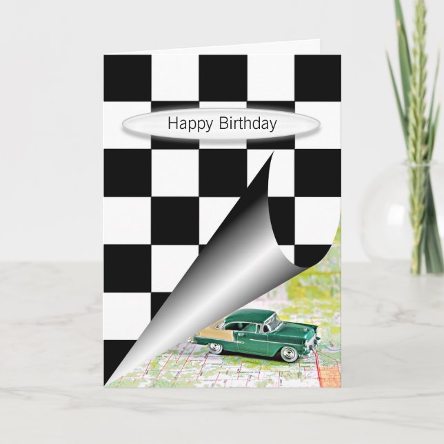 retro car with checkered flag curl card (Front)