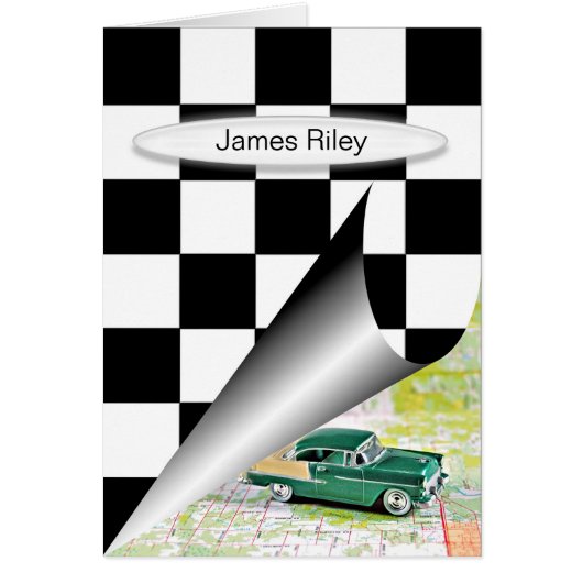retro car with checkered flag curl cards (Front)