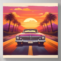 Retro Car with Scenic Sunset Vibes