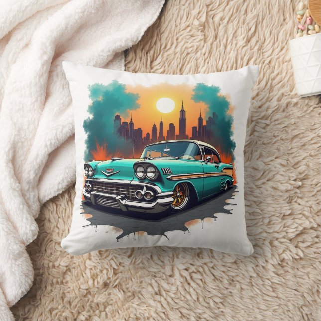 Retro Car with Urban Skyline Accent Cushion (Blanket)