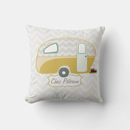 Retro Caravan Mustard Green and Grey Chevron Throw Pillow