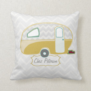 Retro Caravan Mustard Green and Grey Chevron Throw Pillow