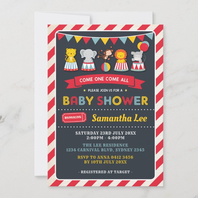 Retro Carnival Circus Animals Baby Shower Invite (Front)