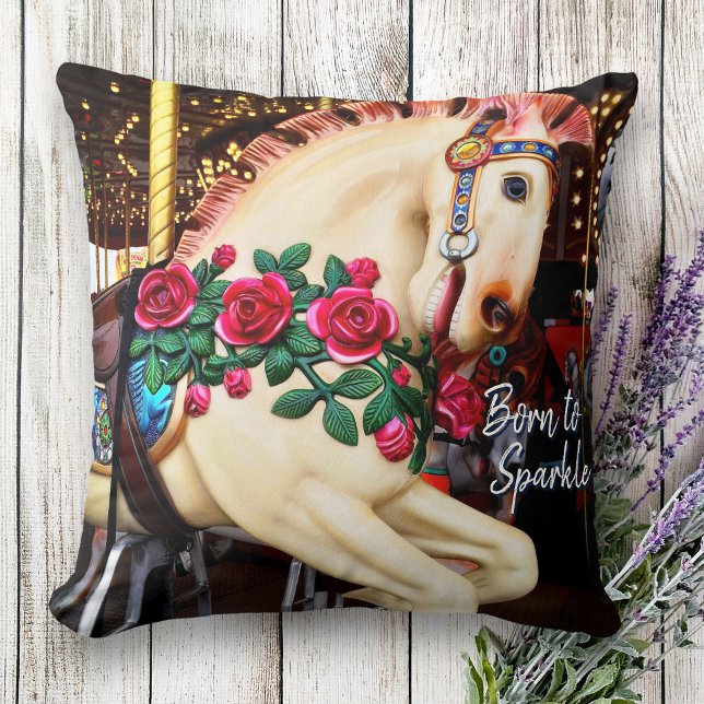 Retro Carousel Horse Photo Born to Sparkle Script Throw Pillow (Creator Uploaded)