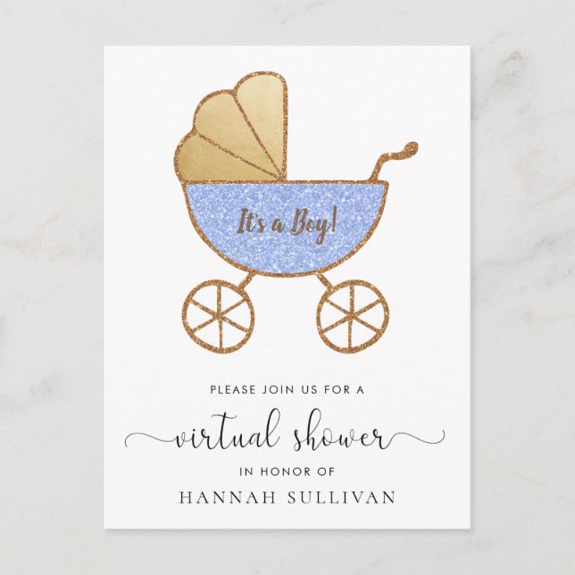 Retro Carriage Blue Glitter Virtual Baby Shower Invitation Postcard (Front)