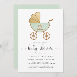 Retro Carriage Mint Gold Baby Shower Invitation
