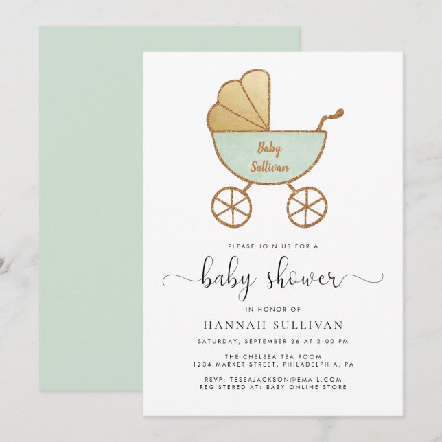 Retro Carriage Mint Gold Baby Shower Invitation (Front/Back)