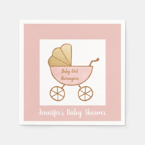 Retro Carriage Pastel Pink White Baby Girl Shower Napkins