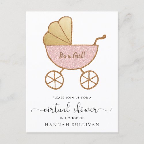 Retro Carriage Pink Glitter Virtual Baby Shower Invitation Postcard