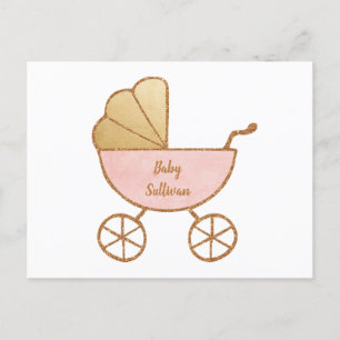 Retro Carriage Pink Gold Virtual Baby Girl Shower Invitation Postcard