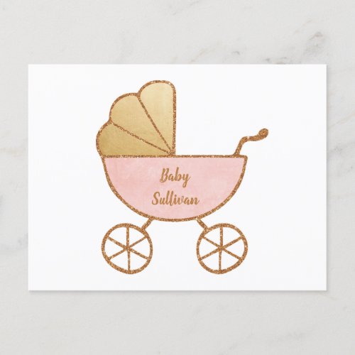 Retro Carriage Pink Gold Virtual Baby Girl Shower Invitation Postcard