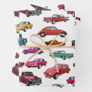 Retro Cars and Trucks Pattern Wrapping Paper Sheets