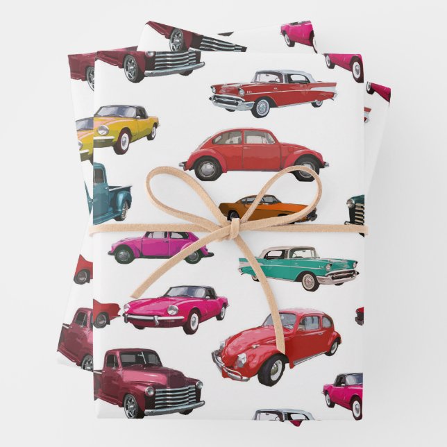 Retro Cars and Trucks Pattern Wrapping Paper Sheets (In situ)