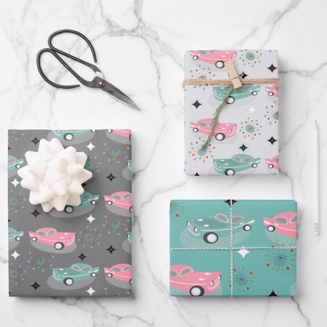 Retro Cars Atomic Starburst Modern Mid Centur Wrapping Paper Sheets (Front)