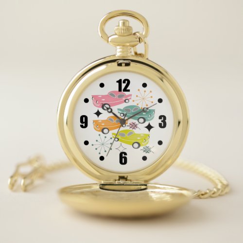 Retro Cars Atomic Starburst Modern Mid Century Pocket Watch