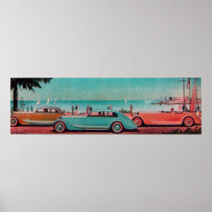 RETRO CARS , blue green pink red Poster
