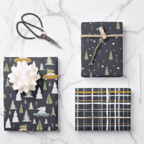 Retro Cars Christmas Woodland Trees Grey Black  Wrapping Paper Sheets