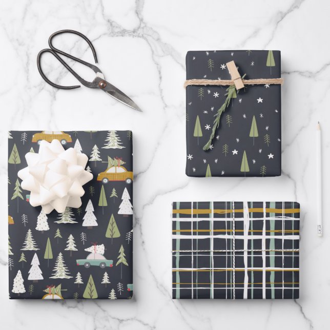 Retro Cars Christmas Woodland Trees Grey Black  Wrapping Paper Sheets (Front)