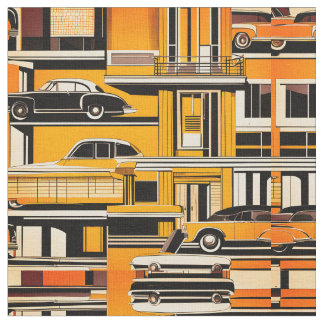 Retro Cars Geometric Mustard Mid Century  Fabric