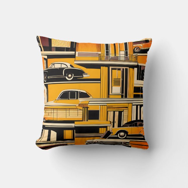 Retro Cars Geometric Mustard Mid Century  Throw Pillow (Front)