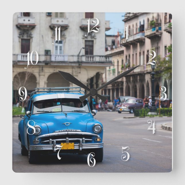 Retro cars on the Havana street Square Wall Clock (Front)