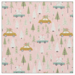 Retro Cars Pink Christmas Woodland Trees Fabric