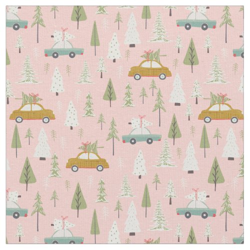 Retro Cars Pink Christmas Woodland Trees Fabric