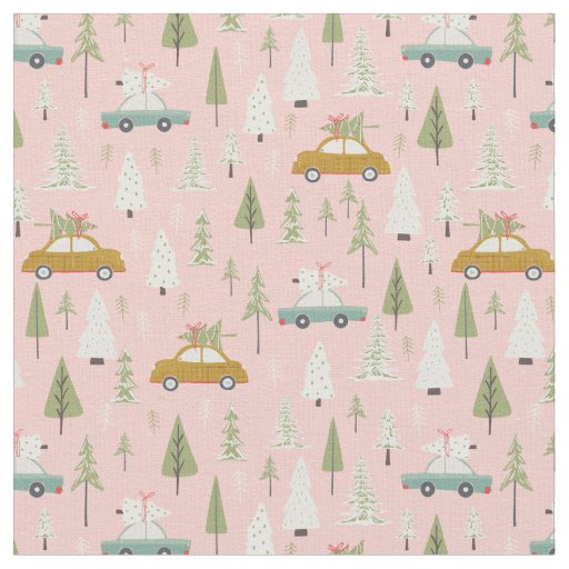 Retro Cars Pink Christmas Woodland Trees Fabric