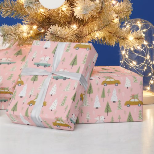 Retro Cars Pink Christmas Woodland Trees forest Wrapping Paper