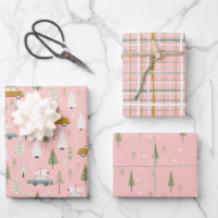 Retro Cars Pink Christmas Woodland Trees Wrapping Paper Sheets