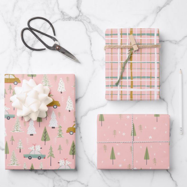 Retro Cars Pink Christmas Woodland Trees Wrapping Paper Sheets (Front)