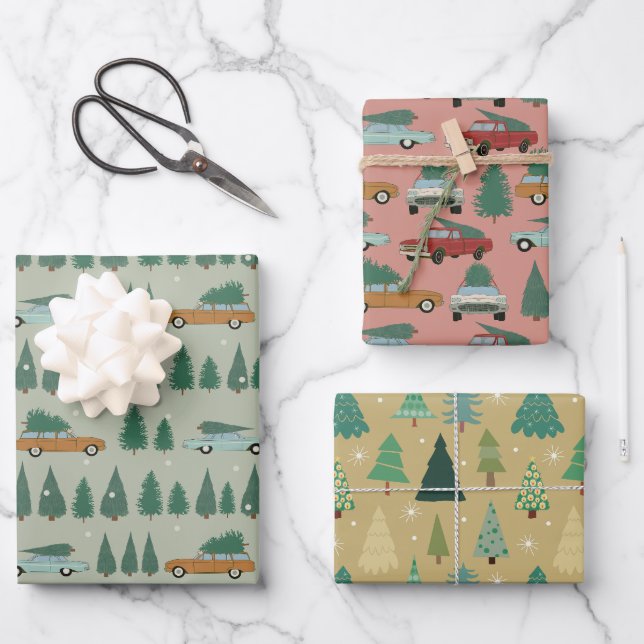 Retro Cars, Trucks, & Christmas Trees Wrap  Wrapping Paper Sheets (Front)