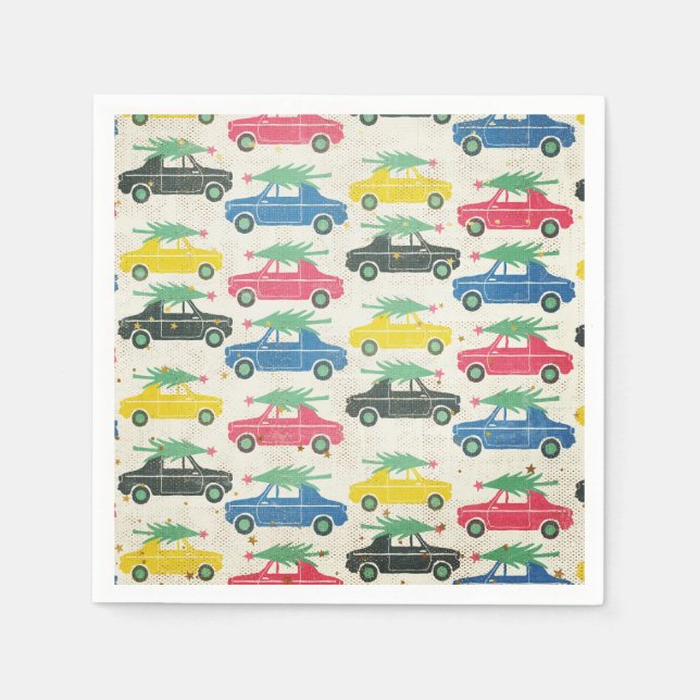 Retro Cars with Christmas Trees on Top Paper Napkins (Front)