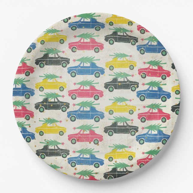 Retro Cars with Christmas Trees on Top Paper Plates (Front)
