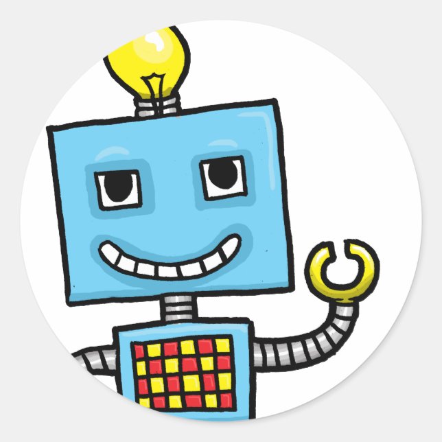 Retro cartoon blue robot classic round sticker (Front)