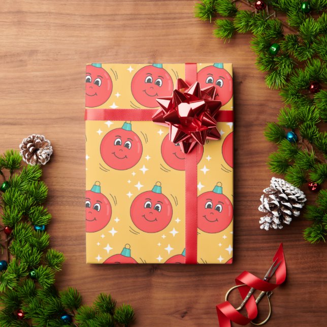 Retro cartoon christmas globe smiley character wrapping paper (Holiday Gift)