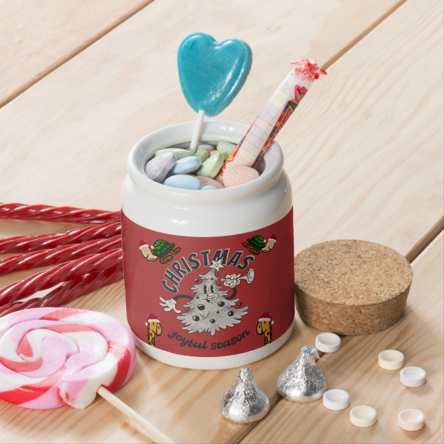 Retro Cartoon Christmas Joyful Season  Candy Jar (In Situ)