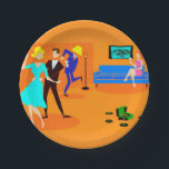 Retro Cartoon Cocktail Party Paper Plate<br><div class="desc">These Retro Cartoon Cocktail Party Paper Plates don't have an introverted bone in their body! The mid century modern design features a vibrant cartoon drawing of a living room and a lively cocktail party. There is an attractive couple on the dance floor. The blonde woman in a turquoise dress and...</div>