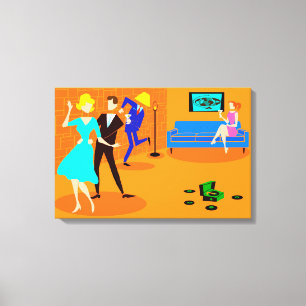 Retro Cartoon Cocktail Party Stretched Canvas