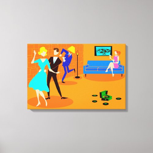 Retro Cartoon Cocktail Party Stretched Canvas